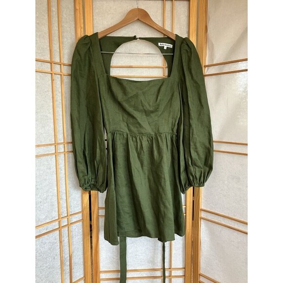 Reformation Brodie Green Linen Mini Dress, Women’s Smock Top, Open Bow Back Sz4 - Picture 1 of 16